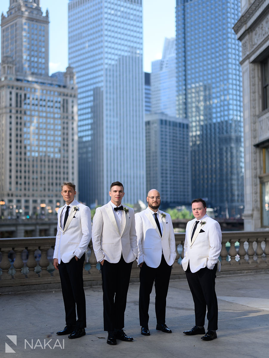 Chicago riverwalk wedding photos bridal party