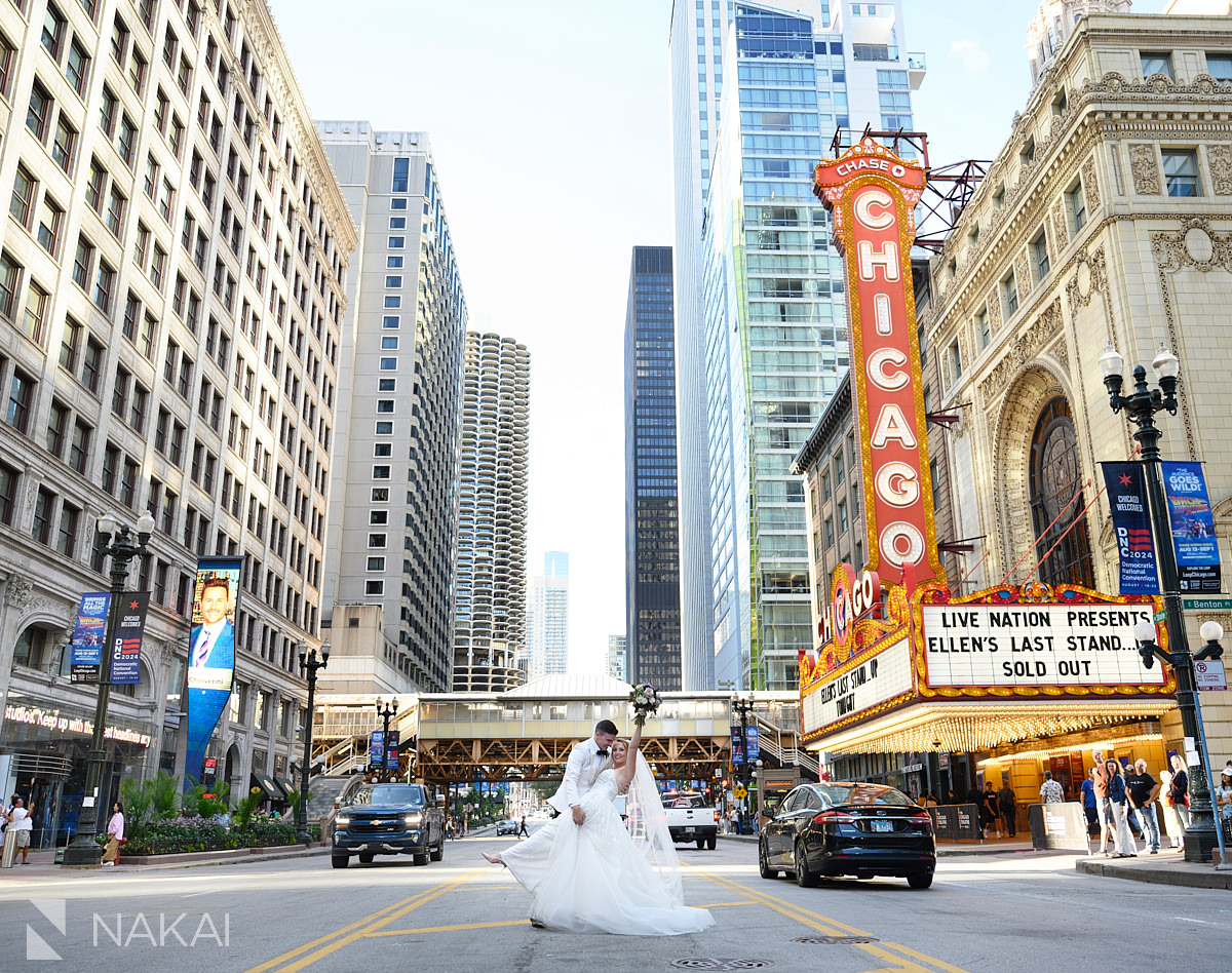 chicago theatre wedding photos dip bride groom