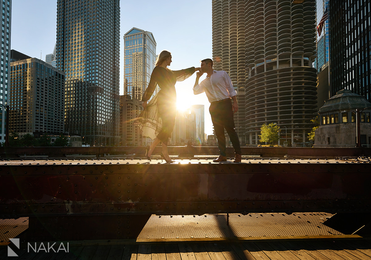 engagement photos chicago bridge sunset sunflare