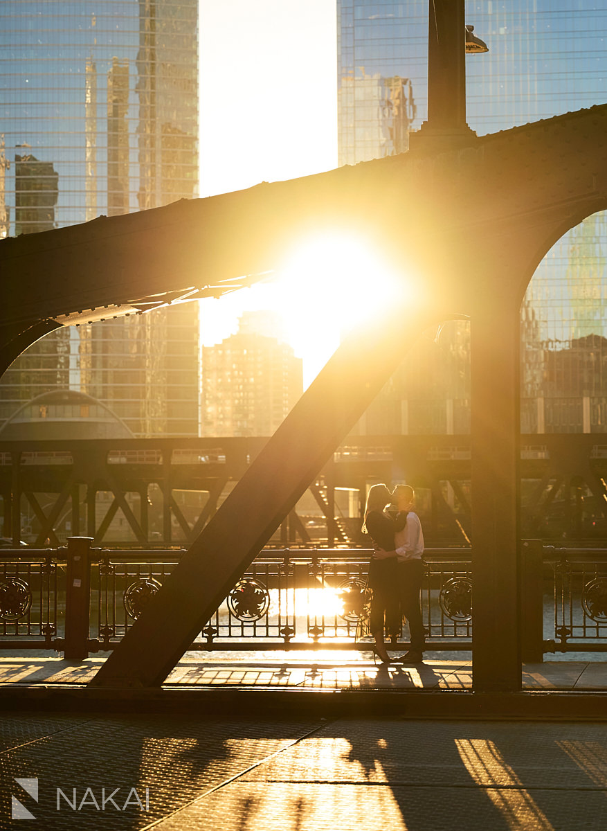 engagement photos chicago bridge sunset sunflare