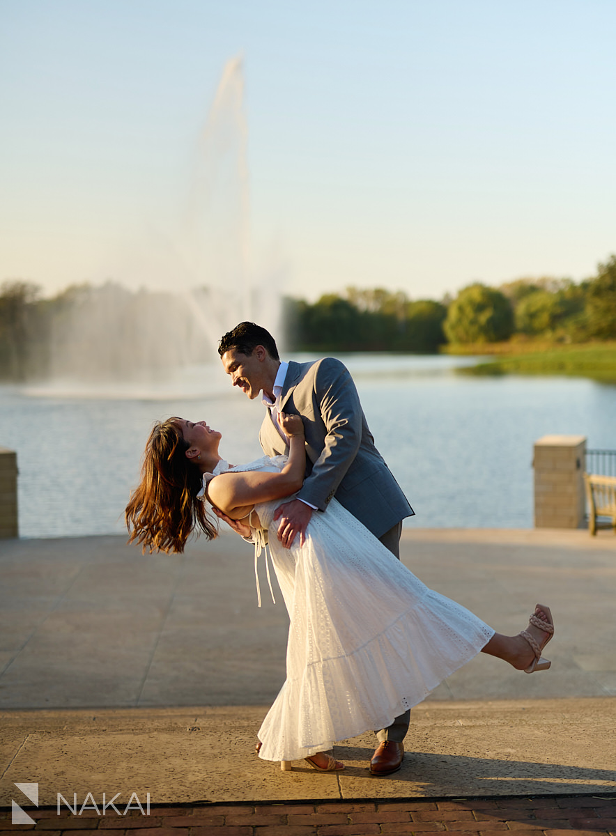 chicago botanic garden engagement photos fountain couple dancing