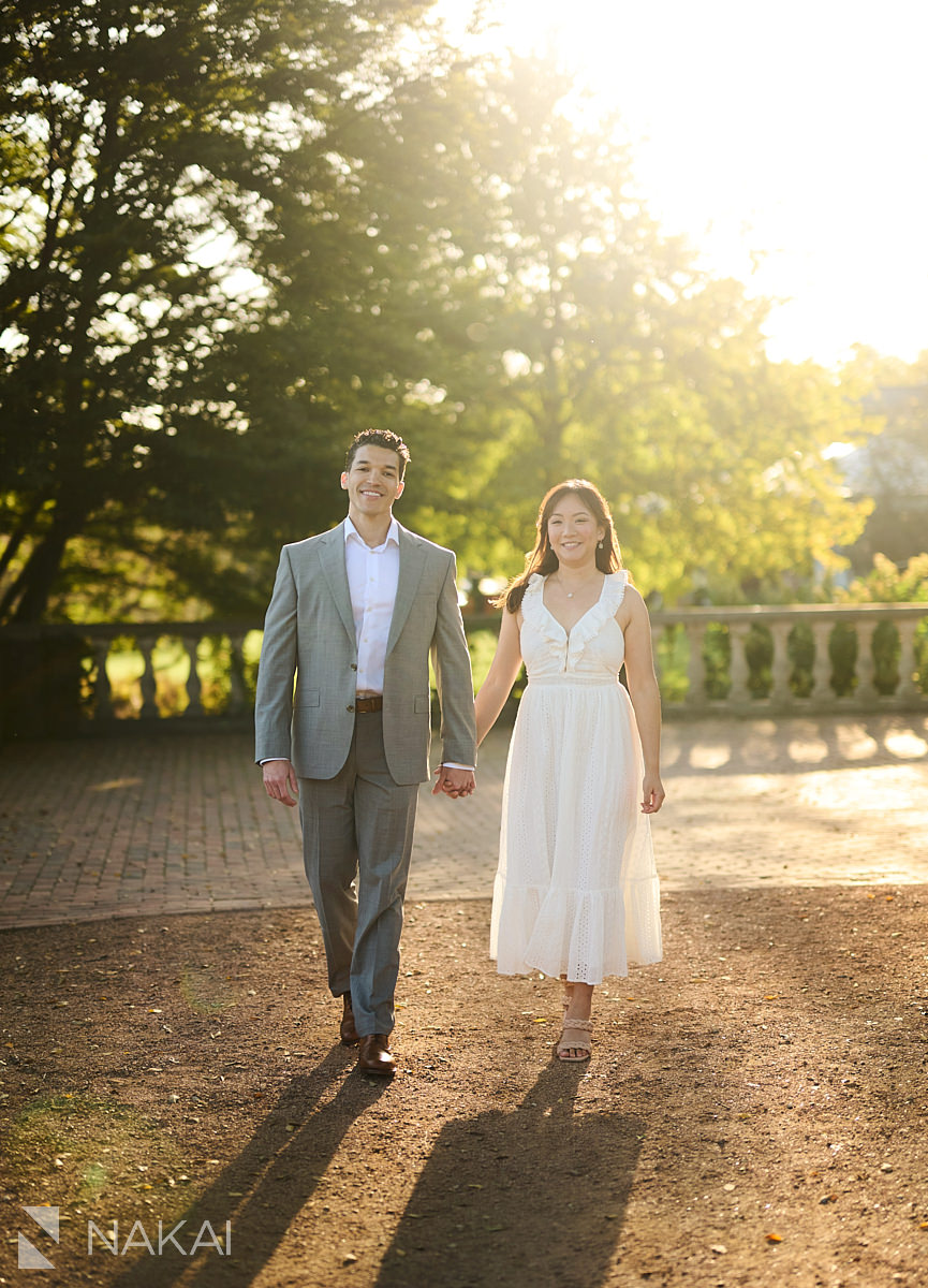 chicago botanic garden engagement photos couple walking