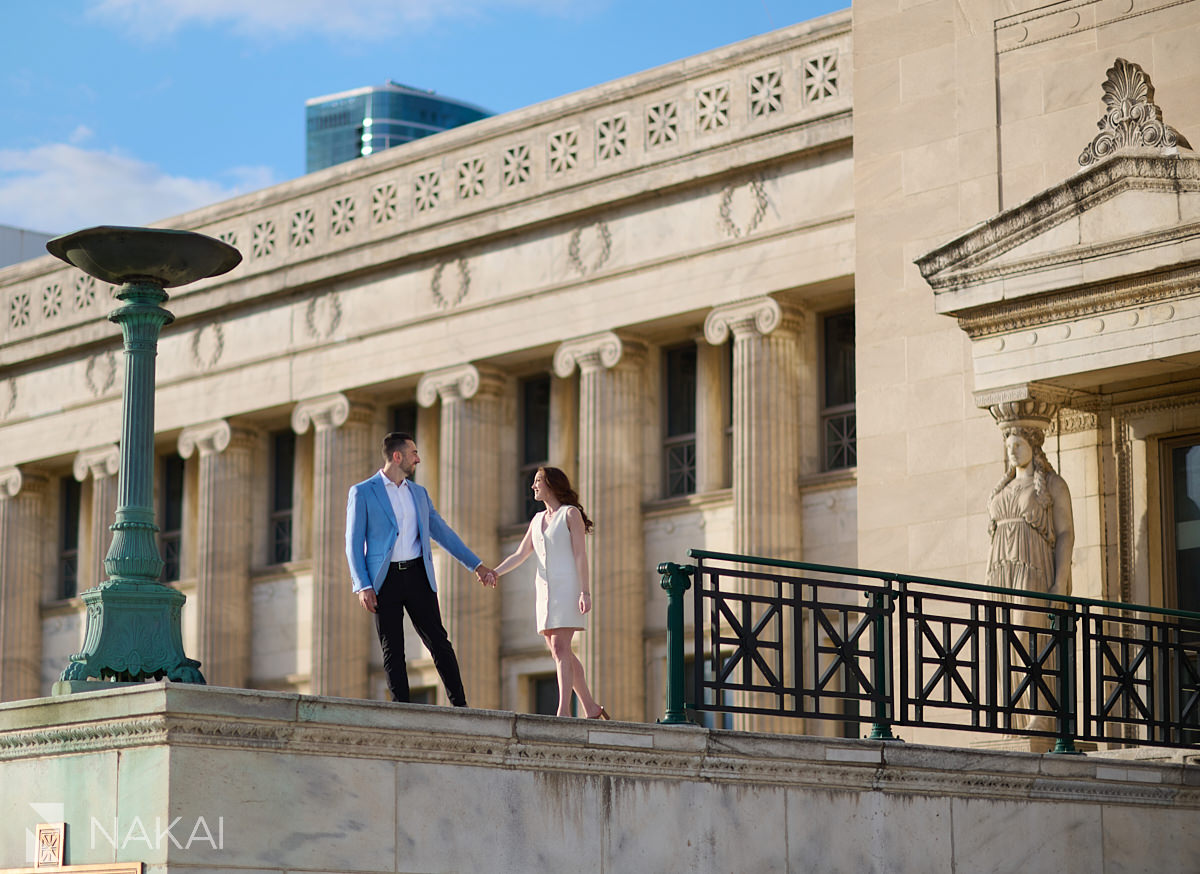 chicago museum engagement photos field stairs columns